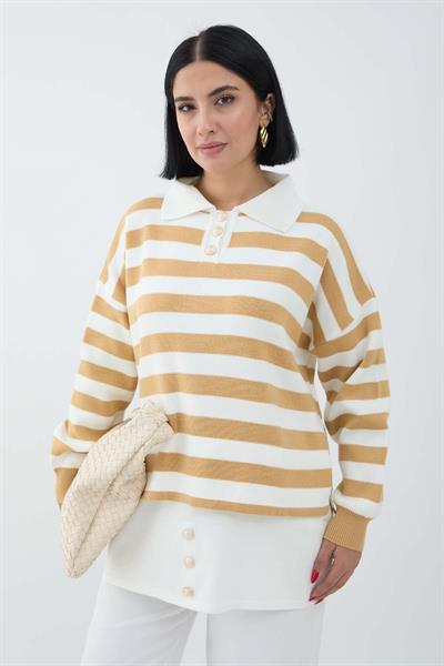 Etek Ucu Düğme Hardal Triko Tunik