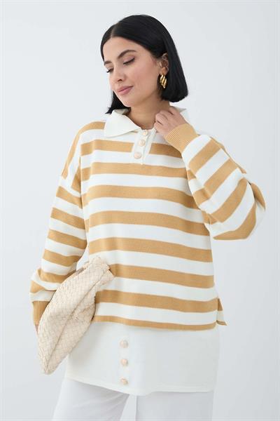 Etek Ucu Düğme Hardal Triko Tunik