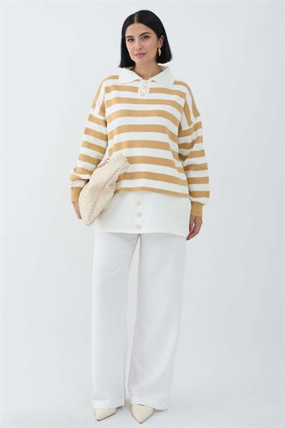 Etek Ucu Düğme Hardal Triko Tunik