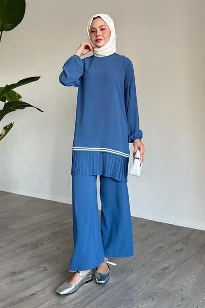 Etek Ucu Piliseli Biyeli İndigo İkili Takım