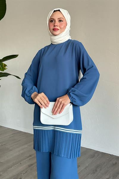 Etek Ucu Piliseli Biyeli İndigo İkili Takım