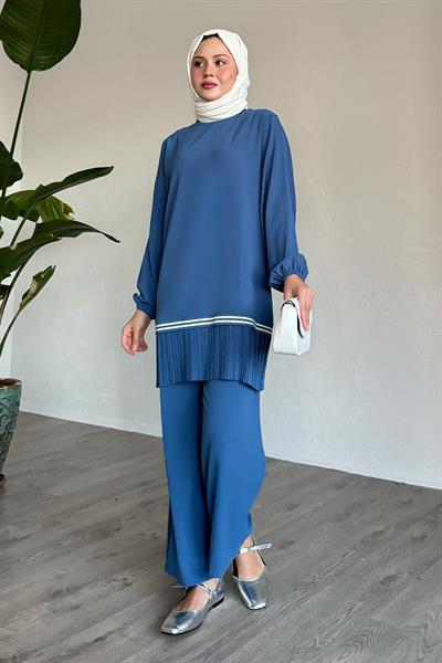 Etek Ucu Piliseli Biyeli İndigo İkili Takım