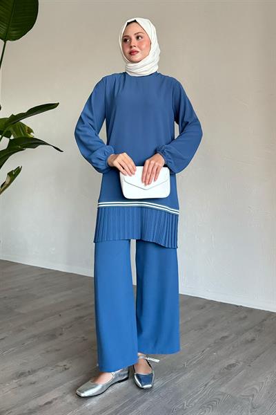 Etek Ucu Piliseli Biyeli İndigo İkili Takım