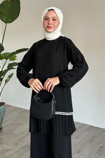 Pleated Hem Bordered Black Two-Piece Set