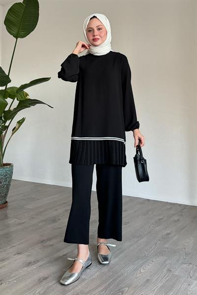 Pleated Hem Bordered Black Two-Piece Set