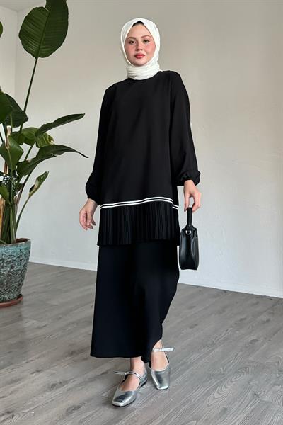 Pleated Hem Bordered Black Two-Piece Set