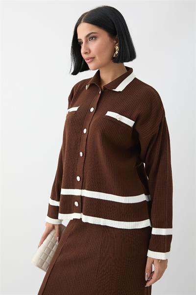 Etek Ucu Şeritli Hırkalı Acı Kahve Triko Takım
