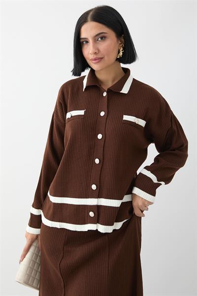 Etek Ucu Şeritli Hırkalı Acı Kahve Triko Takım