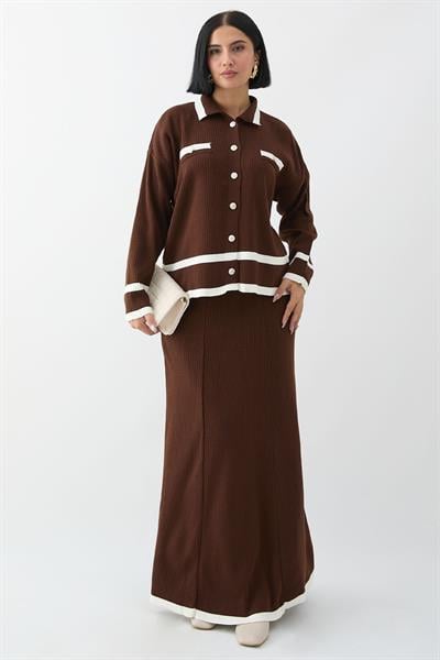 Etek Ucu Şeritli Hırkalı Acı Kahve Triko Takım