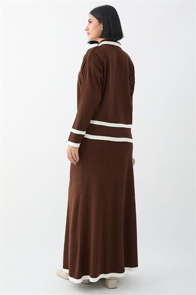 Etek Ucu Şeritli Hırkalı Acı Kahve Triko Takım