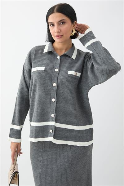 Etek Ucu Şeritli Hırkalı Antrasit Triko Takım