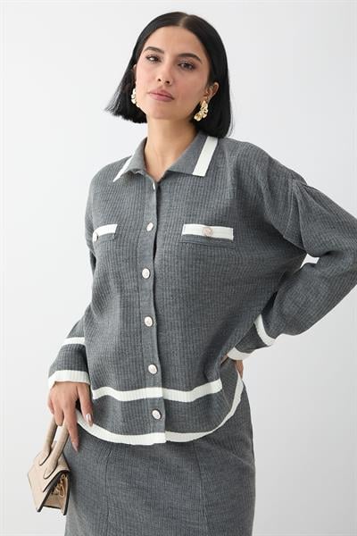 Etek Ucu Şeritli Hırkalı Antrasit Triko Takım