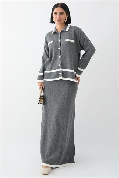 Etek Ucu Şeritli Hırkalı Antrasit Triko Takım