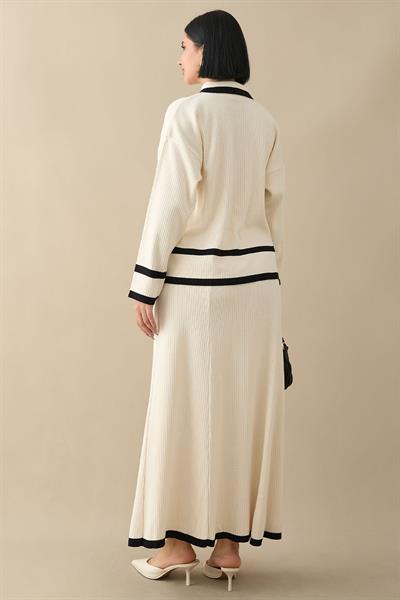 Etek Ucu Şeritli Hırkalı Ekru Triko Takım