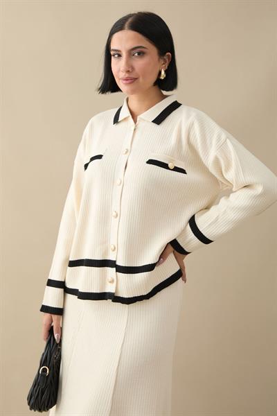 Etek Ucu Şeritli Hırkalı Ekru Triko Takım