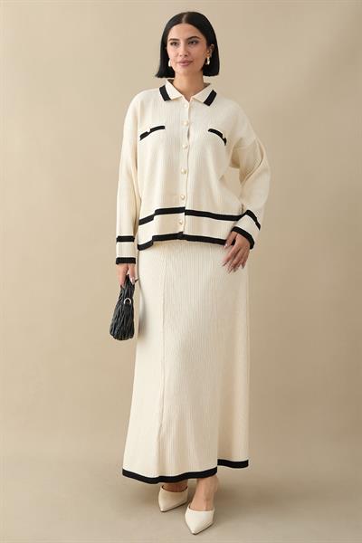 Etek Ucu Şeritli Hırkalı Ekru Triko Takım