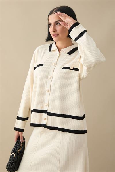 Etek Ucu Şeritli Hırkalı Ekru Triko Takım