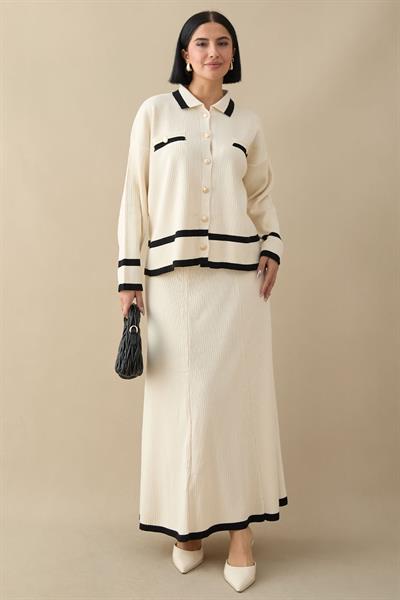Etek Ucu Şeritli Hırkalı Ekru Triko Takım