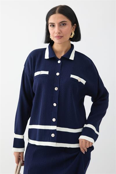 Etek Ucu Şeritli Hırkalı Lacivert Triko Takım