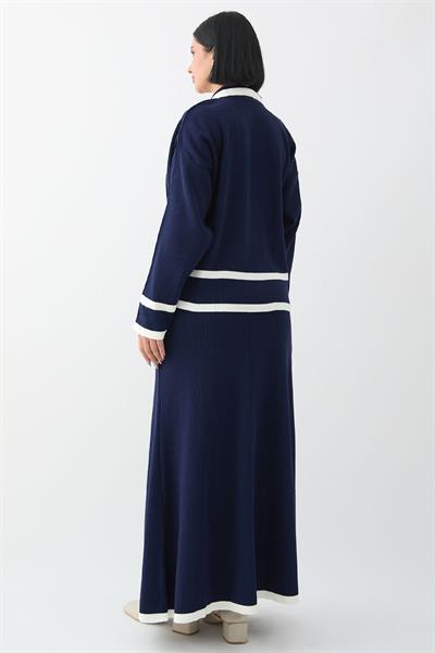 Etek Ucu Şeritli Hırkalı Lacivert Triko Takım