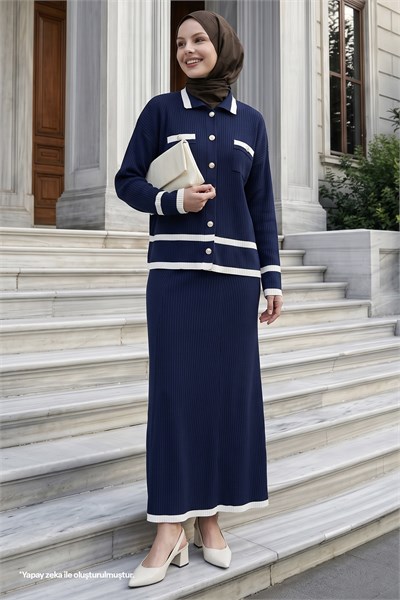 Striped Hem Cardigan Navy Knit Set