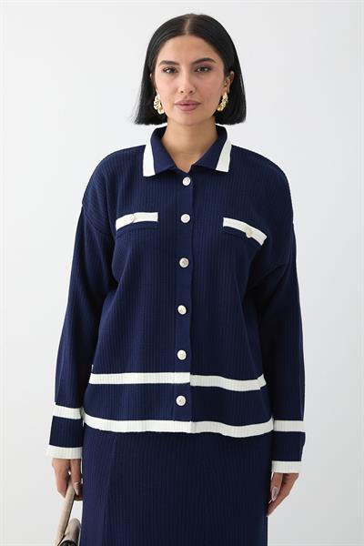 Etek Ucu Şeritli Hırkalı Lacivert Triko Takım