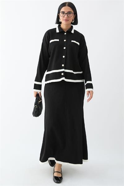 Etek Ucu Şeritli Hırkalı Siyah Triko Takım