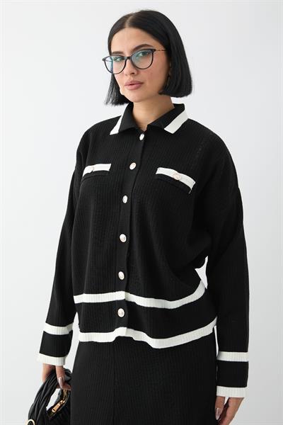 Etek Ucu Şeritli Hırkalı Siyah Triko Takım