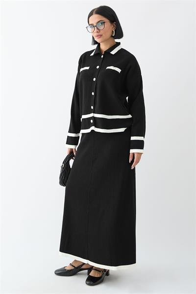 Etek Ucu Şeritli Hırkalı Siyah Triko Takım