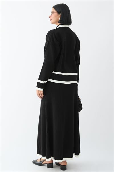 Etek Ucu Şeritli Hırkalı Siyah Triko Takım