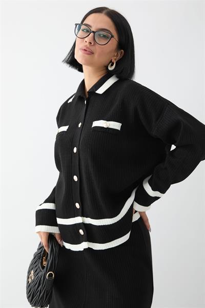 Etek Ucu Şeritli Hırkalı Siyah Triko Takım