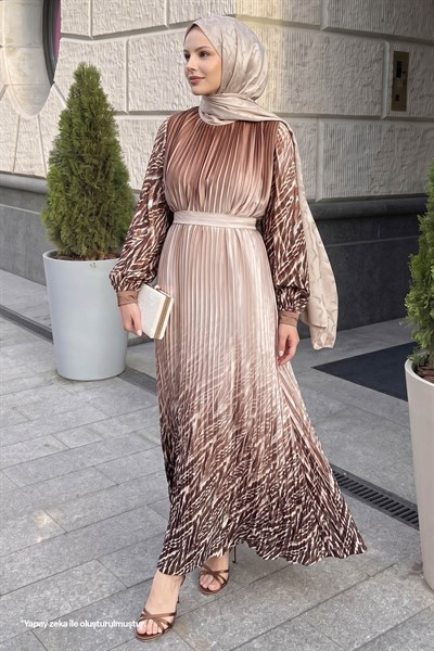 Skirt and Sleeve Patterned Dark Brown Chiffon Dress