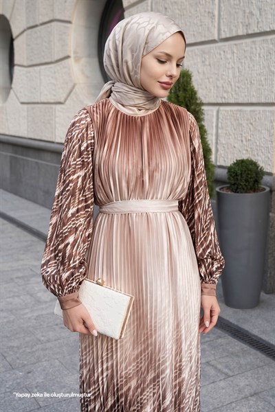 Skirt and Sleeve Patterned Dark Brown Chiffon Dress