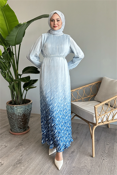 Etek Ve Kolu Desen Bebe Mavisi Saten Elbise