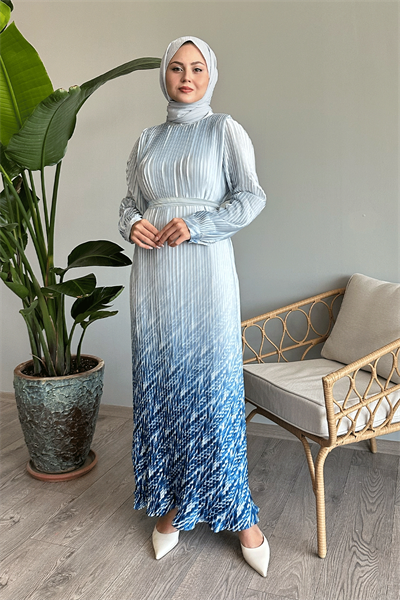 Etek Ve Kolu Desen Bebe Mavisi Saten Elbise