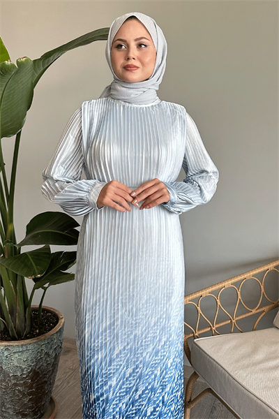 Etek Ve Kolu Desen Bebe Mavisi Saten Elbise