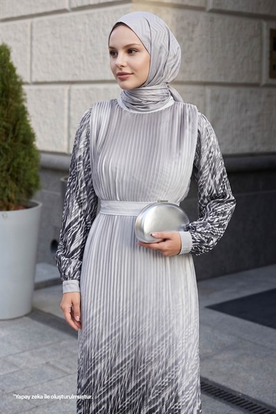 Skirt and Sleeve Patterned Gray Chiffon Dress