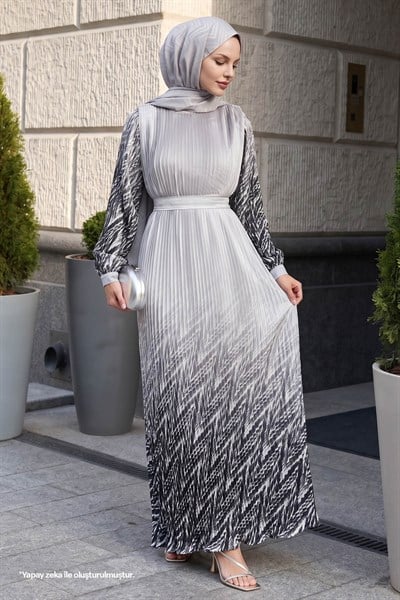 Skirt and Sleeve Patterned Gray Chiffon Dress