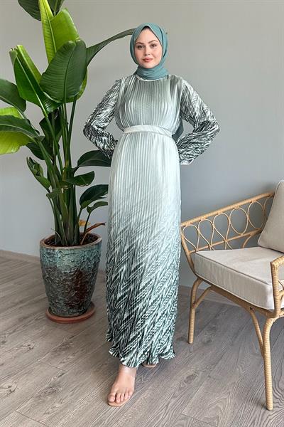 Etek Ve Kolu Desen Mint Saten Elbise