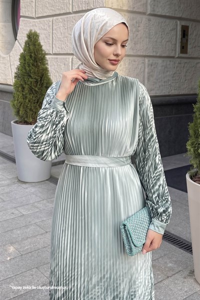 Skirt and Sleeve Patterned Mint Chiffon Dress