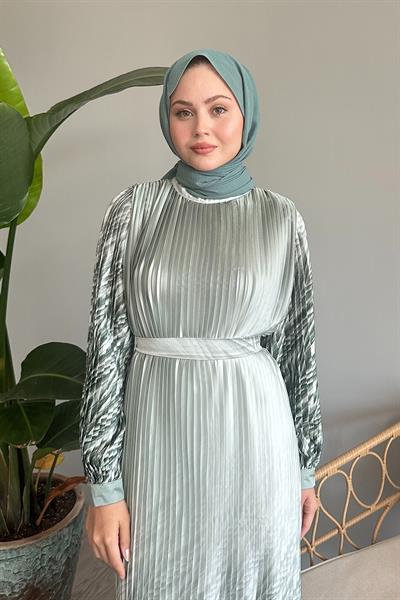 Etek Ve Kolu Desen Mint Saten Elbise