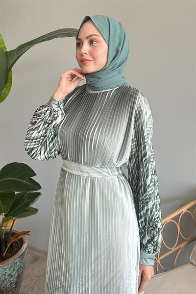 Etek Ve Kolu Desen Mint Saten Elbise