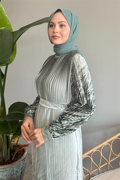 Etek Ve Kolu Desen Mint Saten Elbise