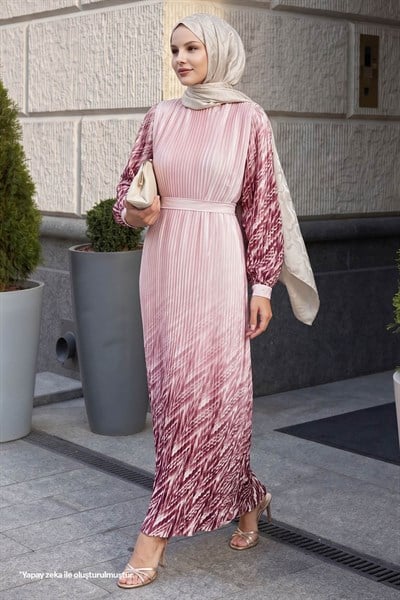 Skirt and Sleeve Patterned Powder Chiffon Dress