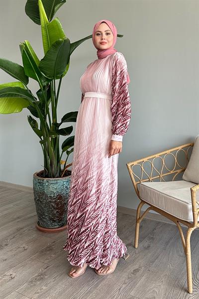 Etek Ve Kolu Desen Pudra Saten Elbise