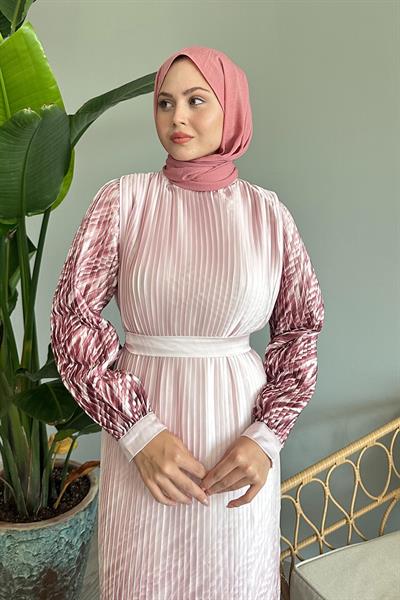 Etek Ve Kolu Desen Pudra Saten Elbise