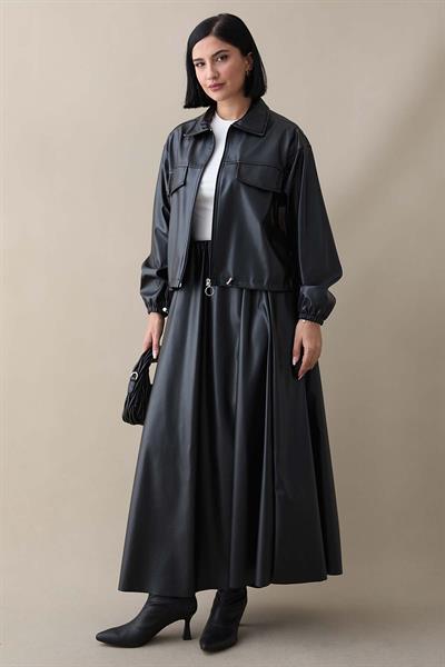 Etekli Ceketli Siyah Deri Takım