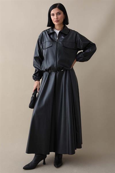 Etekli Ceketli Siyah Deri Takım