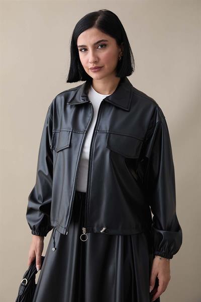 Etekli Ceketli Siyah Deri Takım