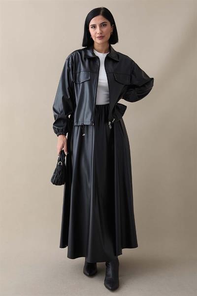 Etekli Ceketli Siyah Deri Takım